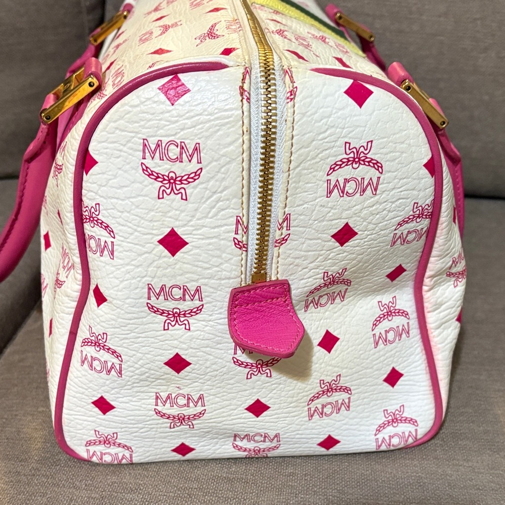 MCM White Satchel with Pink Handles and Multicolor Stripe - Picture 4 of 10